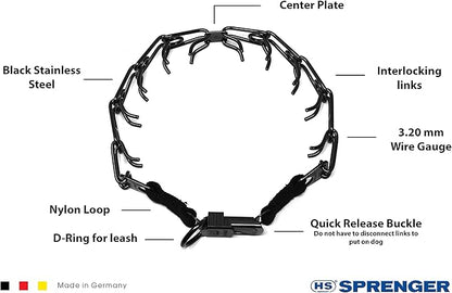 Herm Sprenger Black Stainless Steel Prong Dog Training Collar with Quick Release Buckle No-Pull Collar for Dogs Large (Black, 24in (60cm) x 4mm)