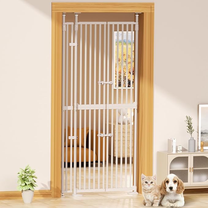 Glaf 74" Extra Tall Cat Gat, 30.31-38.19" Wide Adjustable Cat Door Pressure Mounted Pet Gate with Extra Narrow Gap Auto Close Dog Safety Gate for Doorways, Kitchen,Stairs