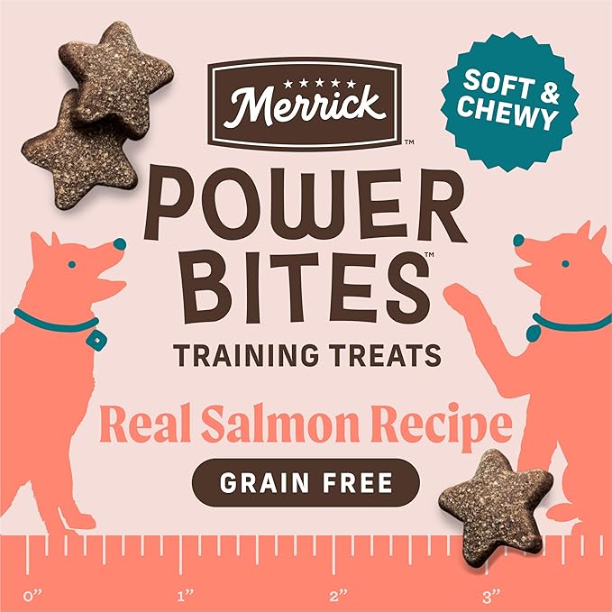 Merrick Power Bites Salmon Recipe Healthy Dog Treats, Real Salmon Grain-Free Dog Snacks, 6 oz Bag