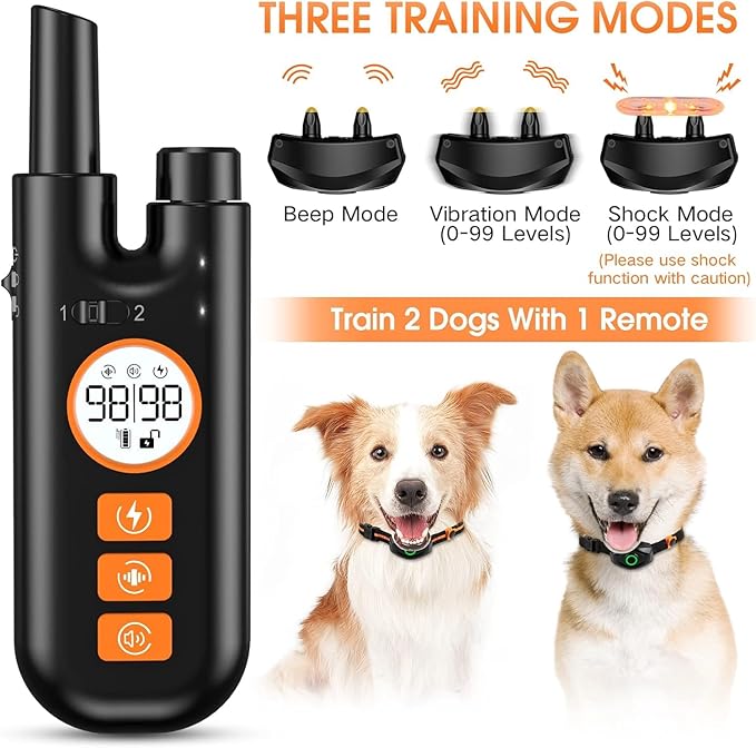 Dog Shock Collar for Dogs, Dog Training Collar with Remote Control Range 1300Ft, 3 Training Modes, Beep, Vibration, Shock, IPX7 Waterproof Rechargeable Electric Shock Collar