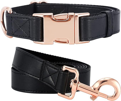 Dog Collar and Leash Set.Soft and Easy to Clean Vegan Leather with Rose Gold Metal Buckle for Small Medium Large Dogs (Black, L(15.4”-24.8“)