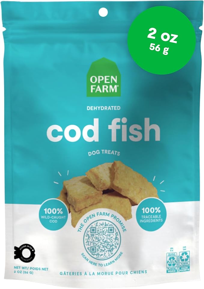 Open Farm, Dehydrated Dog Treats, High Protein & Low Carbohydrate Dog Snacks, Crunchy Texture, Single Ingredient Wild-Caught Cod Fish Recipe, 2oz Pouch
