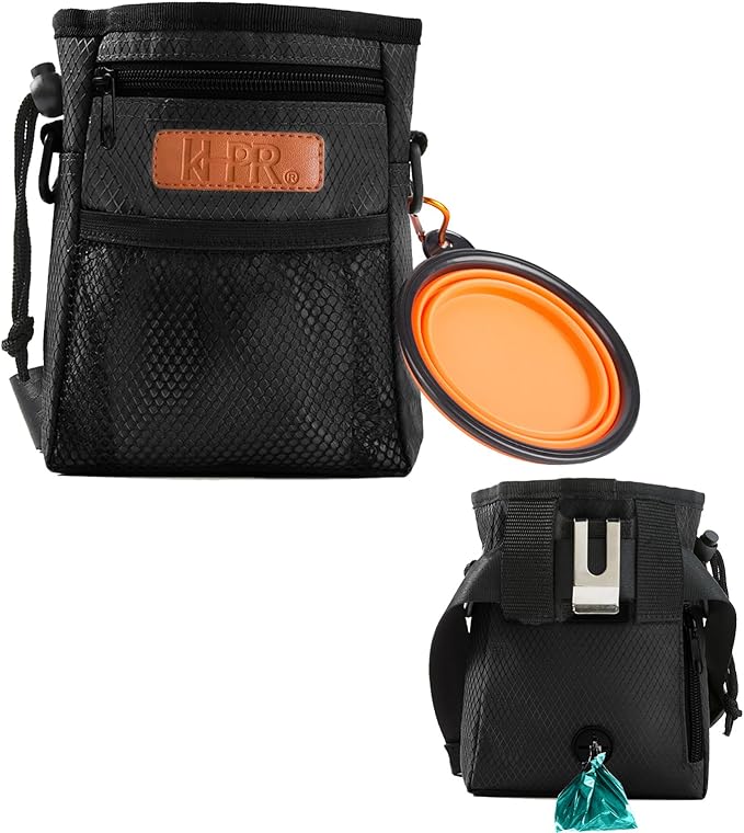 Dog Treat Training Pouch Easily Carries Pet Toys Kibble, Treats Built-in Poop Bag Dispenser 3 Ways to Wear Comes with a Foldable Silicone Bowl (Black)