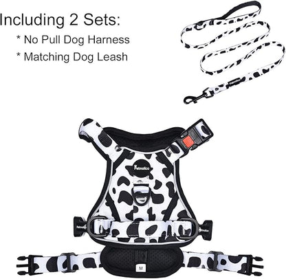 Petmolico No Pull Dog Harness and Leash Set, No Choke 4 Leash Attchments Easy Control Handle Soft Padded Reflective Vest Dog Harness for XS Dog Breed, Cow Pattern XS