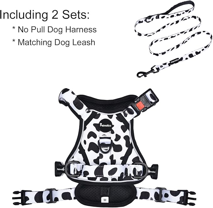 Petmolico No Pull Dog Harness and Leash Set, No Choke 4 Leash Attchments Easy Control Handle Soft Padded Reflective Vest Dog Harness for Large Dog Breed, Cow Pattern Large