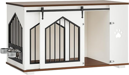 IRONCK Large Dog Crate Furniture with 2 Rotatable Dog Bowls, Wooden Dog Kennel with 2 Adjustable Shelves, Barn Doors Decorative Pet Cage Dog House as TV Stand, White