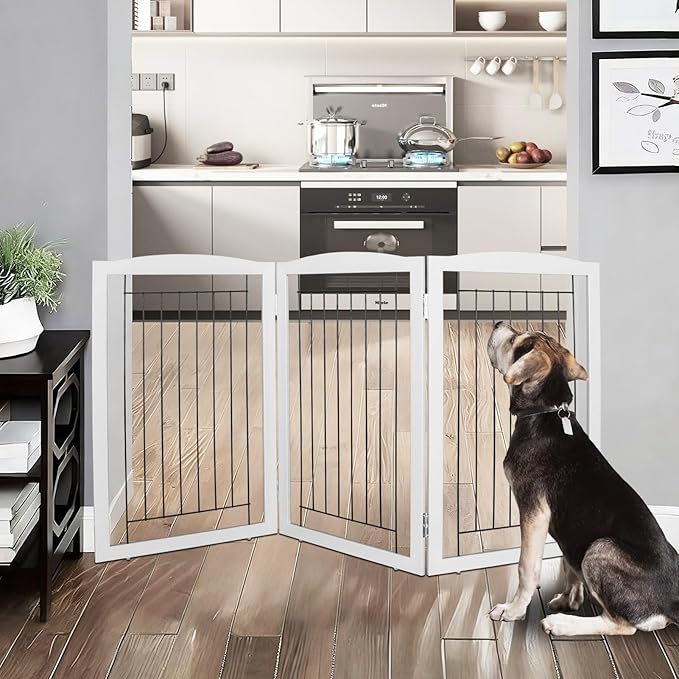 ZJSF Freestanding Foldable Dog Gate for House Extra Wide Wooden Grey Puppy Gate Stairs Dog Gates Doorways Tall Pet Gate 32" Height 3 Panels Pet Fence