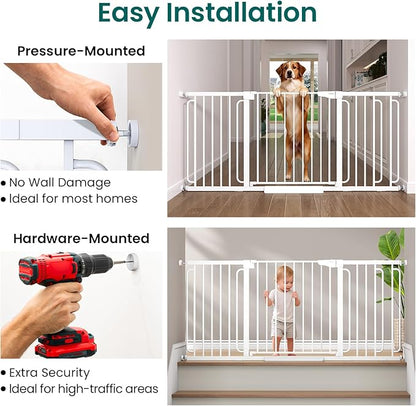 Cumbor 29.7-51.5" Baby Gate (White) & 36.6-69" Extra Wide Dog Gate (White) for Stairs, Doorways & Hallways