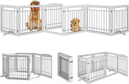 Vantas Folding Pet Gate 144" Wide, 30" Tall No-Assembly Wooden Dog Gate with Door Walk Through, Freestanding Wire Pet Puppy Safety Fence, with 2PCS Support - White