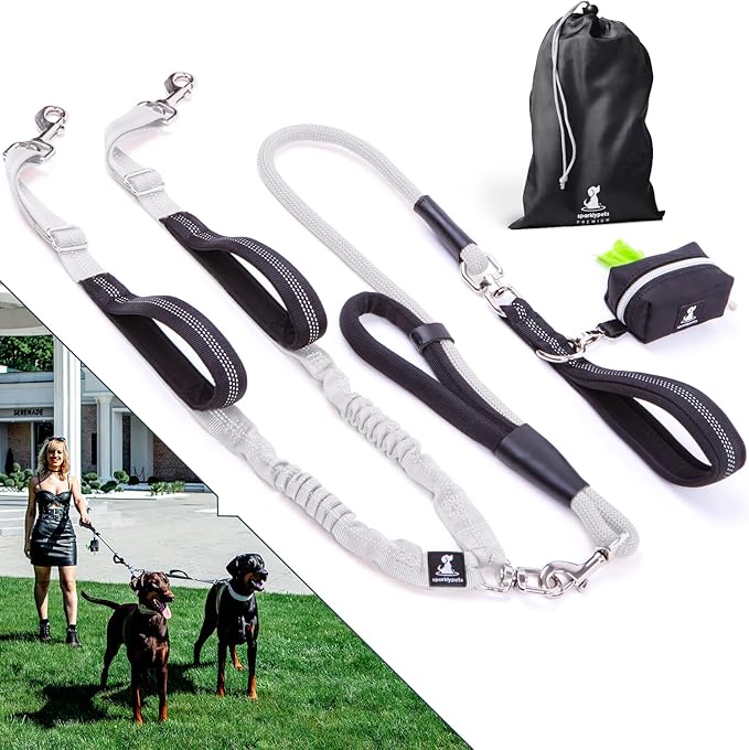 Premium Double Leash for Two Dogs – Shock Absorbing Anti Pull Double Lead for Medium & Large Breeds with Adjustable Dual Leash Attachment for 2 Dogs