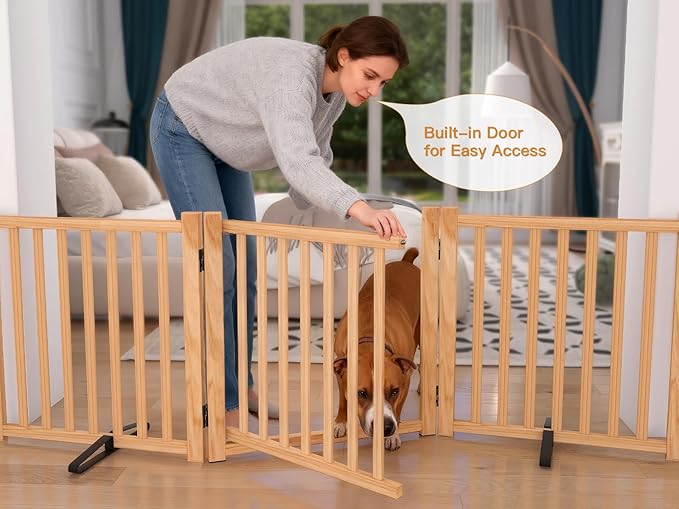 YOCAN Paint-Free Wooden Freestanding Dog Gates with Door for The House,Doorways, Stairs,Wood Dog Fences Indoor Pet Gate,Step Over Fence-3 Panel