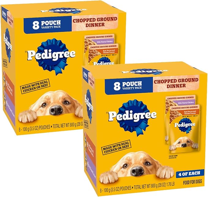 Pedigree Chopped Ground Dinner Wet Dog Food Pouches Variety Pack, 3.5 oz Pouches (8 Count, Pack of 2)