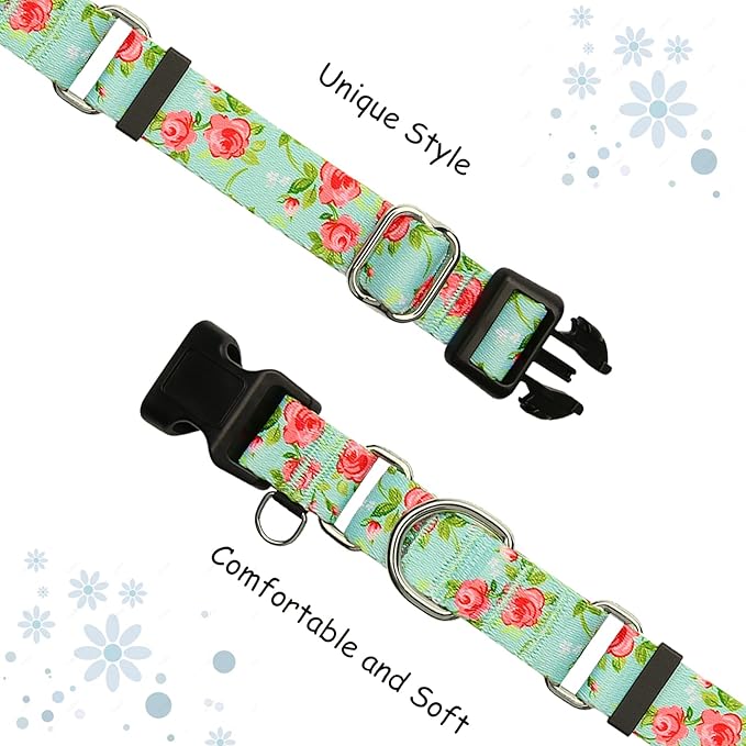 No Pull Martingale Dog Collar with Buckle Floral Slip Collar for Female Dogs (Green Rose,Large)