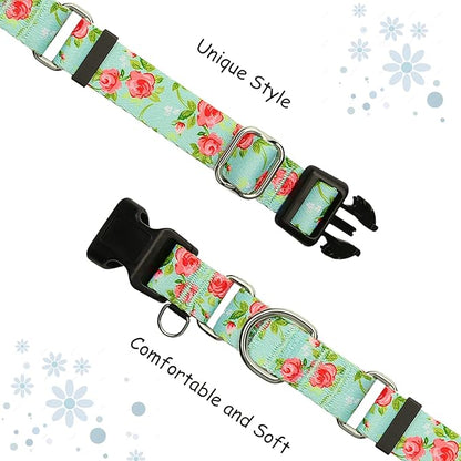 No Pull Martingale Dog Collar with Buckle Floral Slip Collar for Female Dogs (Green Rose,Large)