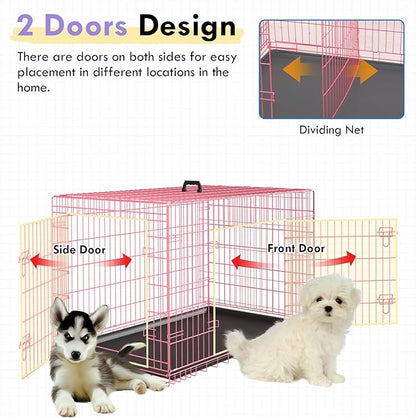 PayLessHere Small Dog Crate Kennel 24 inches Metal Dog Cage Double-Door Folding Travel Indoor Outdoor Puppy Playpen with Divider and Handle Plastic Tray,Pink
