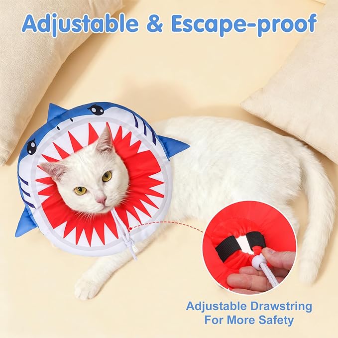 BEAUTYZOO Cat Cone Collars Soft, Cat Recovery E Collars After Surgery to Stop Licking, Adjustable Elizabeth Circle Collar Cute Pet Donut Pillow for Cats Kitten Small Dogs, Cute Shark M