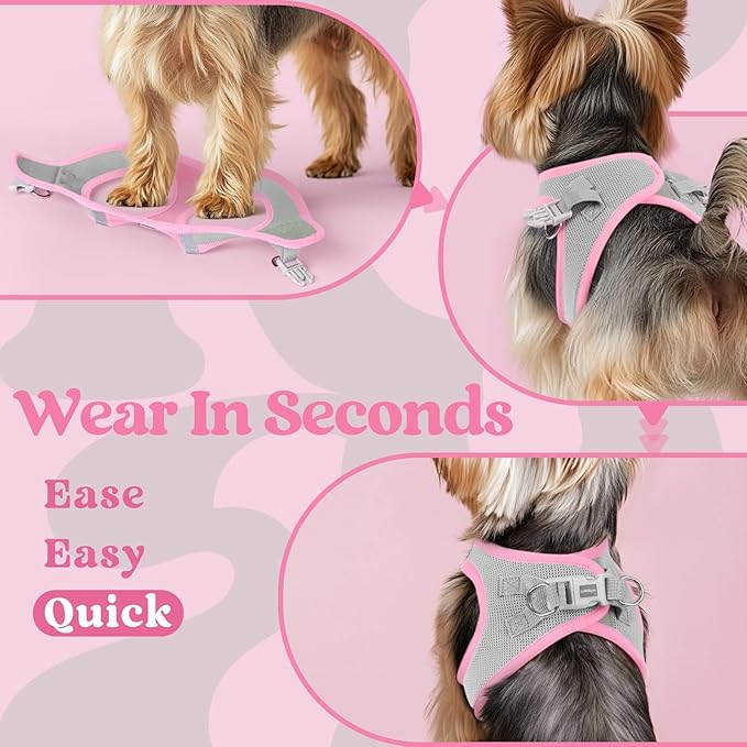 rabbitgoo Small Dog Harness, Step-in Soft Mesh Puppy Vest with Safety Buckle, Breathable Reflective Pet Harness for Small Medium Dogs, Pink & Gray L