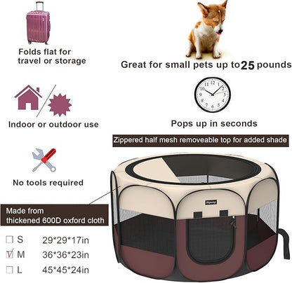 Portable Pet Puppy Dog Cat Playpen, 8-Panel Indoor/Outdoor Puppy Pen with Shade Cover & Travel Bag - Waterproof Dog Cat Tent