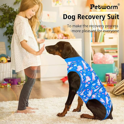 PetWarm Dog Surgery Suit, Dog Surgical Recovery Suit Female and Male, Onesies for Dogs, Anti-Licking Surgery Recovery Shirt for Dogs, Unicorn Pattern, Blue, XS