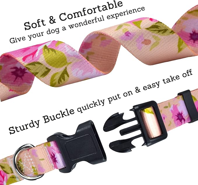 Mihqy Dog Collar with Bohemia Floral Tribal Geometric Patterns - Soft Ethnic Style Collar Adjustable for Small Medium Large Dogs (Pink Rose,XS)