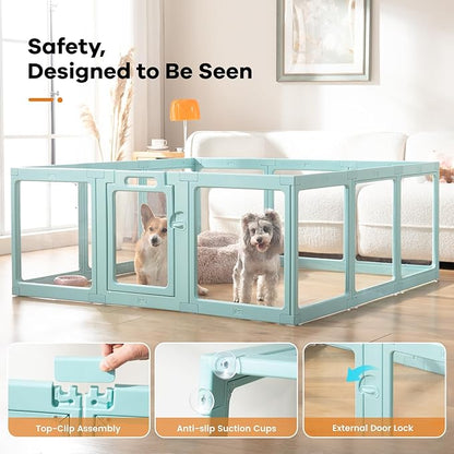 Clear Acrylic Dog Playpen Indoor, Puppy Cat Small Pet Play Pen, Pet Cat Playpen for Rabbits, Dog Fence Crate Kennel Whelping Cage (Green, 10 Panel)