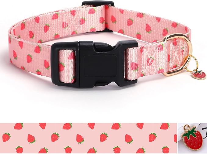 Pink Strawberry Pattern Dog Collar with Buckle Adjustable Safety Nylon Collars for Small Medium Large Dogs, Cute Stylish Girl Boy Christmas Dog Collar(Pink Strawberry,S)