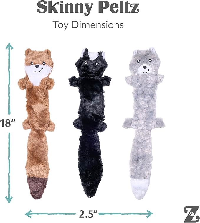 ZippyPaws Skinny Peltz - No Stuffing Dog Toy Pack to Keep Them Busy, for Medium and Large Dogs, Squeaky Pet Toys, Unstuffed Chew Toys, Soft Plush Variety Pack, Weasel, Skunk, and Wolf - 18"