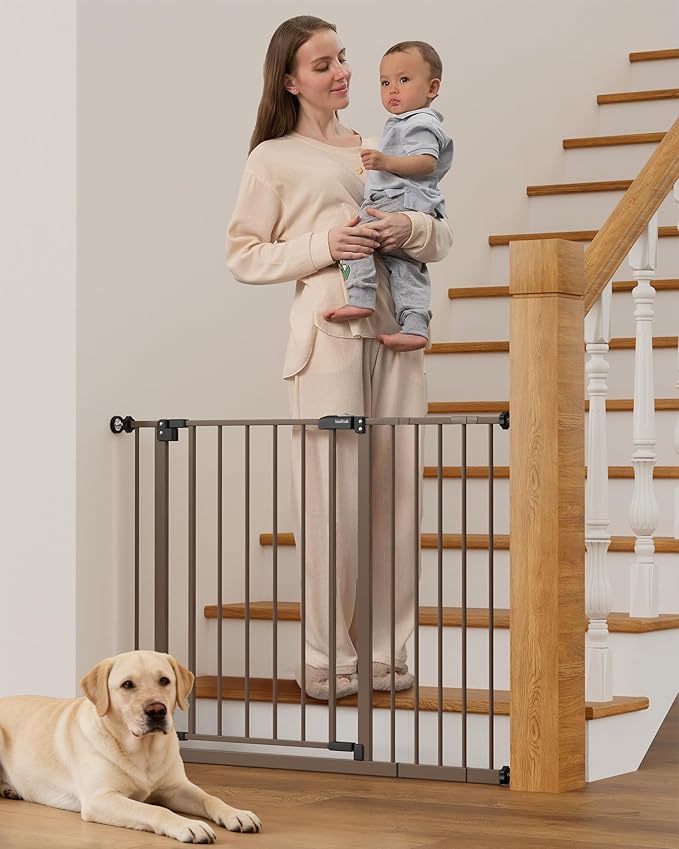 InnoTruth 29.5–40.75" Baby Gate for Stairs, 28" Tall Dog Gates for Doorways & Hallways, Safety Gate for Kids & Pets, Pressure-Mounted Walk-Through with Dual Lock & 2-Way Swing, Brown