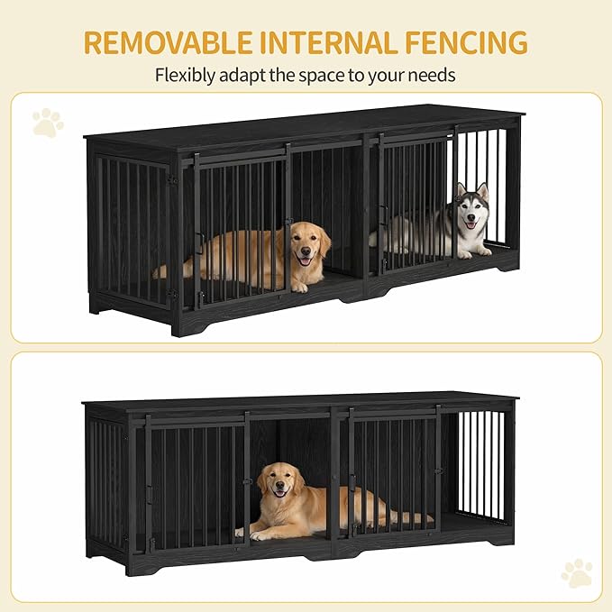 Hzuaneri 78" Dog Crate Furniture for 2 Dogs, Double Dog Cage with Divider, Wooden Heavy Duty Dogs Kennel, Pet Cage with Barn Door, TV Stand for Large Small Medium Pet, Black DFC83704B