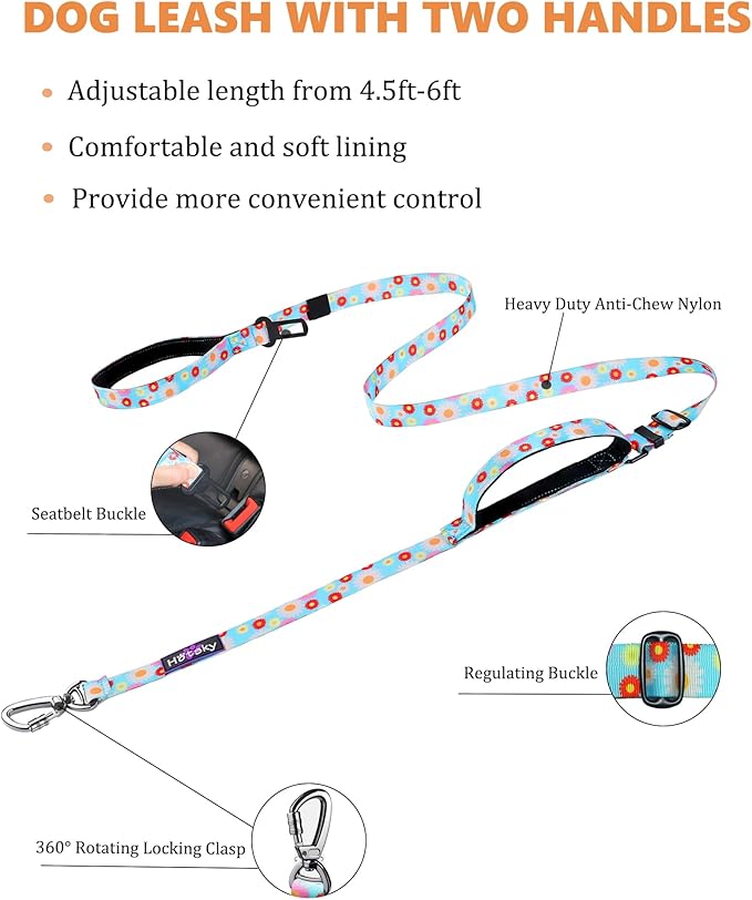 Hotsky Double Handle Dog Leash for Large Medium and Small Breed Dogs that Pull,Adjustable Nylon Heavy Duty Dog Leash with Car Seat Belt for Walking and Training,Daisy,4.5-6 FT