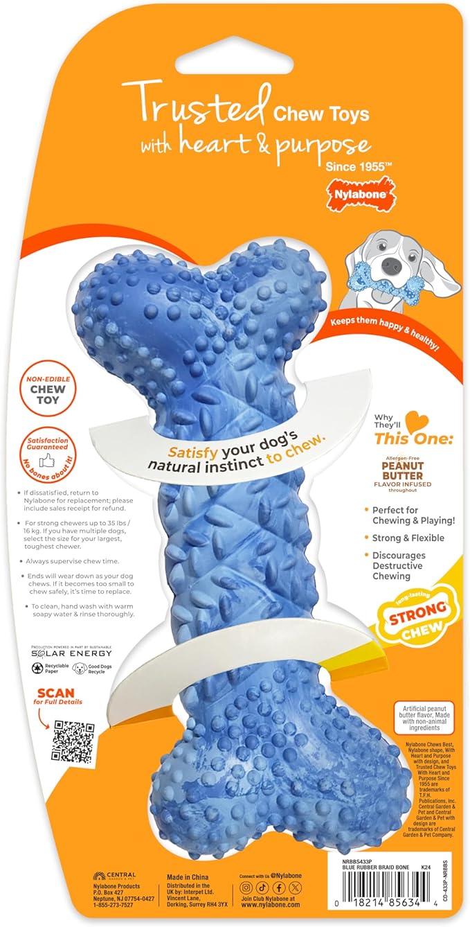 Nylabone Braid Bone Strong Chew Toy for Dogs, Natural Rubber Dog Toy for Moderate & Aggressive Chewers, Peanut Butter Flavor, Medium Dogs - Up to 35 lbs, 1 Count
