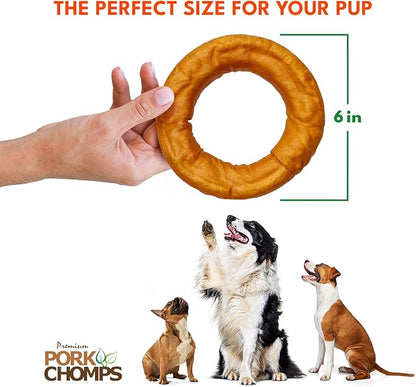 Pork Chomps Roasted Pork Skin Dog Chew, 6 Inch Bagel, 1 Count, Pack of 3 - Long-Lasting Treats for Dogs - High Protein, Rawhide-Free, Low Fat, Healthy & Delicious Chews