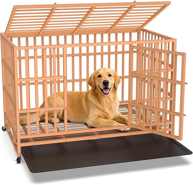 Hiwokk 48 Inch Heavy Duty Dog Crate, Indestructible Escape-Proof Dog Kennel for High Anxiety Large Dogs, Strong Metal Pet Cage with Double Doors, Lockable Wheels & Removable Tray, XL XXL XXXL