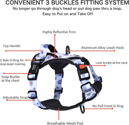 Petmolico No Pull Dog Harness and Leash Set, No Choke 4 Leash Attchments Easy Control Handle Soft Padded Reflective Vest Dog Harness for Medium Dog Breed, Daisy Medium