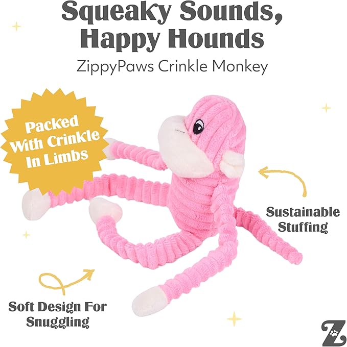 ZippyPaws Crinkle Monkey - Interactive Dog Toys to Keep Them Busy, Squeaky Plush Pet Toy for All Breeds, Cute Gift for Small and Medium Dogs, Contains 1 Round Squeaker - Small, Pink