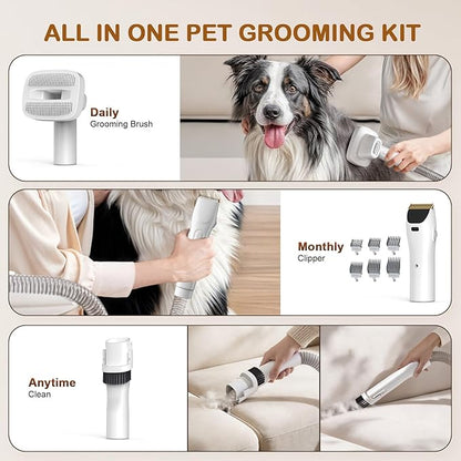 Dog Grooming Vacuum, Dog Grooming Kit with Pet Clipper Nail Grinder, 3 Suction Modes Dog Brush Vacuum with 6 Pet Grooming Tools (White)