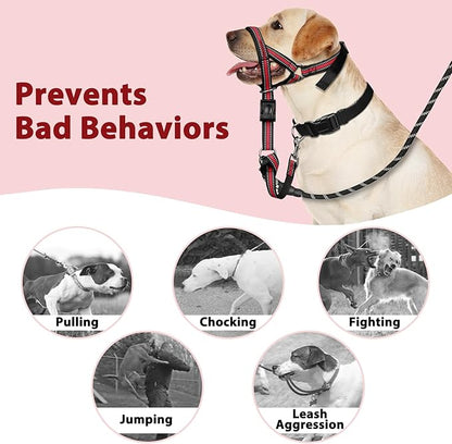 BARKLESS Soft Dog Head Collar, Patented Padded No Pull Head Halter, Training Nose Leash with Safety Link for Medium Large Dogs, Adjustable Muzzle Leash, Easy Control for Walking (XL, Red)
