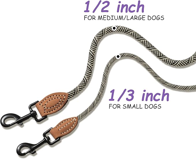 Mile High Life Small Dog Leash, Thin Rope Leash with Genuine Leather Connection and Heavy Duty Metal Clasp, Great for Small Medium Dogs(White,72 Inch-1/3)