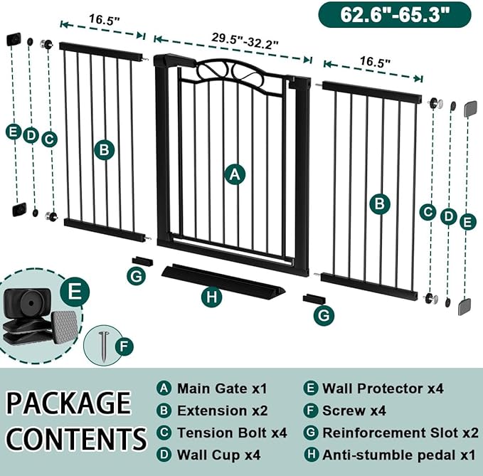 Fairy Baby 62.6"-65.3" Extra Wide Baby Gate with Door, 63 64 65 Inches Walk THR Baby Gates for Stairs Pressure Mounted no Drill, Indoor Tension Metal Child Pet Dog Safety Gate for Kids, Black