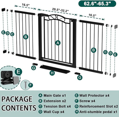 Fairy Baby 62.6"-65.3" Extra Wide Baby Gate with Door, 63 64 65 Inches Walk THR Baby Gates for Stairs Pressure Mounted no Drill, Indoor Tension Metal Child Pet Dog Safety Gate for Kids, Black