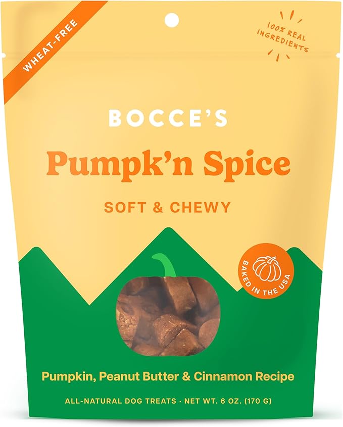Bocce's Bakery Pumpk'n Spice Treats for Dogs, Wheat-Free Everyday Dog Treats, Made with Real Ingredients, Baked in The USA, Natural Soft & Chewy Cookies, Pumpkin, Peanut Butter, & Cinnamon, 6 oz