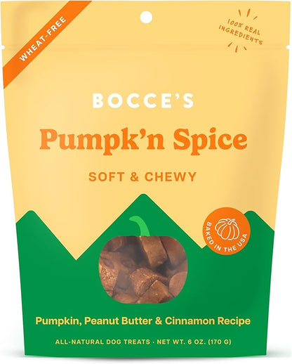 Bocce's Bakery Pumpk'n Spice Treats for Dogs, Wheat-Free Everyday Dog Treats, Made with Real Ingredients, Baked in The USA, Natural Soft & Chewy Cookies, Pumpkin, Peanut Butter, & Cinnamon, 6 oz