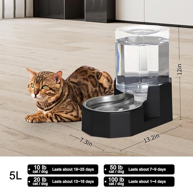 Sfozstra Large Dog Water Dispenser: 5L Automatic Gravity Water Feeder - Dishwasher-Safe Stainless Steel Bowl - Easy Clean - No Power Needed - for Cats & Small Dogs - Kitchen Corner/Crate Area