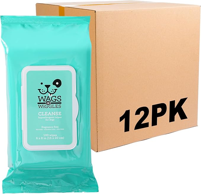 Wags & Wiggles Hypoallergenic Dog Wipes for Sensitive Skin, Fragrance Free Waterless Cleansing Towelettes for Paws Face Body & Rear, No SLS DEA Parabens, 100 Count - 12 Pack