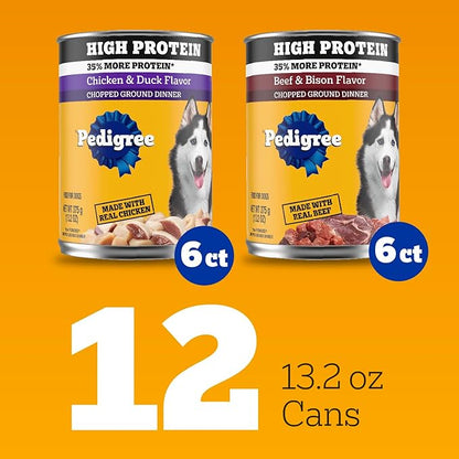 Pedigree High Protein Wet Dog Food, Adult Soft Canned Dog Food Variety Pack, Chicken Duck & Beef Bison Flavor, 13.2 oz. Cans, 12 Count