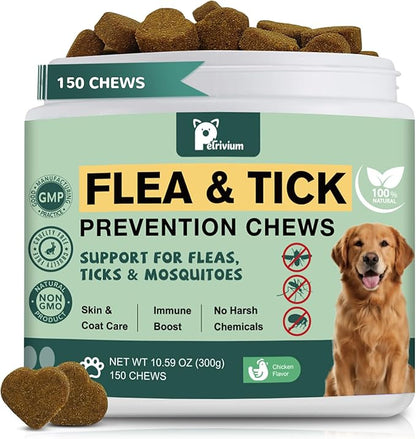 Dogs Flea and Tick Prevention Treatment Chewable, Natural Soft Chew for Fleas Ticks Treatment Support Supplement - Oral Flea Pills- Flea and Tick Chews - All Breeds & Sizes - 150 Soft Treats (Chicken)