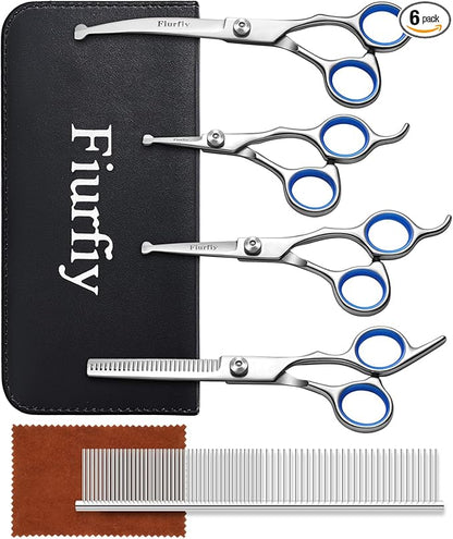 6-in-1 Dog Grooming Scissors - Professional Stainless Steel Hair Cutting Kit with Safety Rounded Tips, Ergonomic Soft-Grip Handles for Small & Large Dogs, Cats