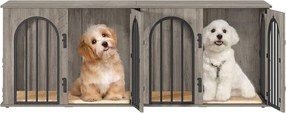 Hzuaneri 63" Dog Crate Furniture for 2 Dogs, Heavy Duty Indoor Dog Kennel TV Stand, L Wooden Dog Cage with Divider for Medium Large Dogs, End Table Dog Crate with Cushion, Greige Black DFC80905B