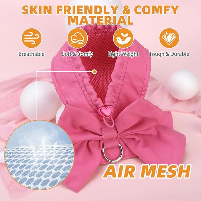 KOOLTAIL Small Dog Harness and Leash Set, Cute Puppy Vest Harnesses with Bowtie for Girl Outfit, Step in No Pull Soft Mesh Padded Adjustable Pet Harness for Extra-Samll Medium Dogs Cats, XS S, Pink M