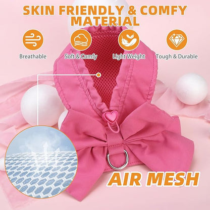 KOOLTAIL Small Dog Harness and Leash Set, Cute Puppy Vest Harnesses with Bowtie for Girl Outfit, Step in No Pull Soft Mesh Padded Adjustable Pet Harness for Extra-Samll Medium Dogs Cats, XS S, Pink M